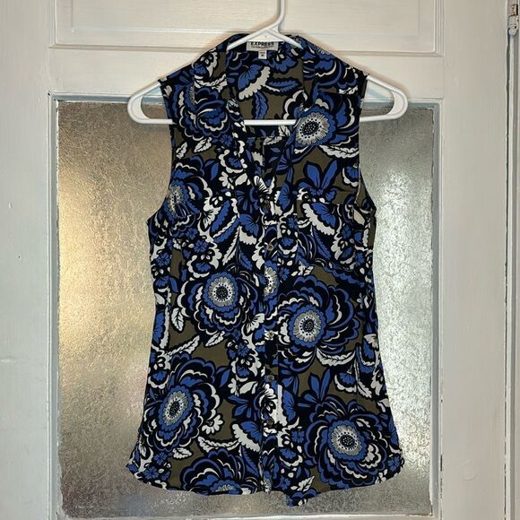 Express Women’s Blue black white sleeveless button down blouse size XS|TP - Picture 1 of 6